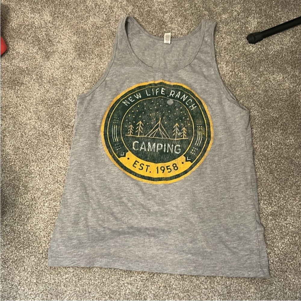 Gray New Life Ranch Camping Graphic Tank Top